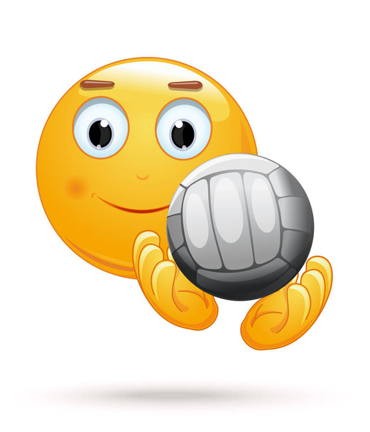 Sorriso alegre pega a bola. Cara de Emoticon jogando vôlei. Emoji com bola para jogar voleibol. Ilustração vetorial
 - Vetor, Imagem