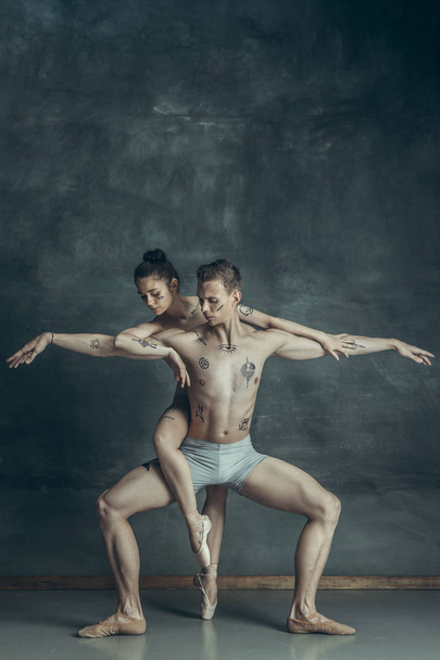 The young modern ballet dancers posing on gray studio background - Valokuva, kuva