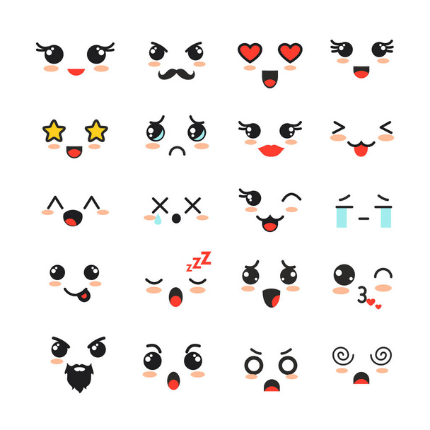 Vector illustration set of cute vector faces with different emotions, emoji collection on white background. - Vector, imagen