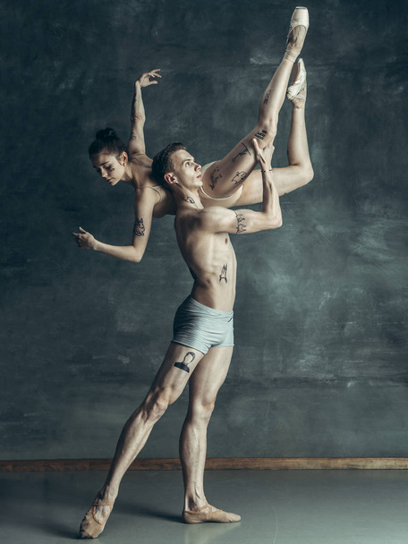 The young modern ballet dancers posing on gray studio background - Zdjęcie, obraz