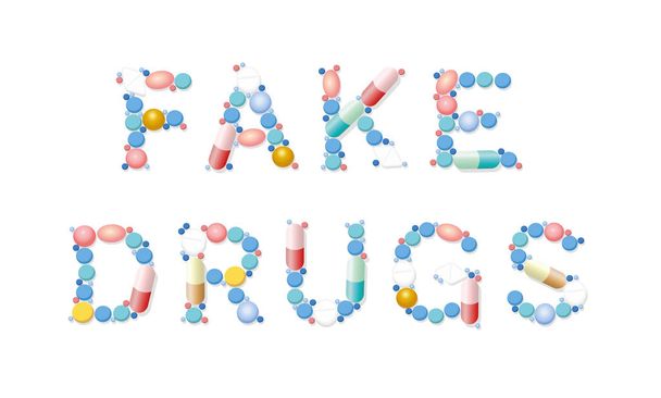 FAKE DRUGS écrit avec des pilules, des comprimés et des capsules. Illustration vectorielle isolée sur fond blanc
. - Vecteur, image