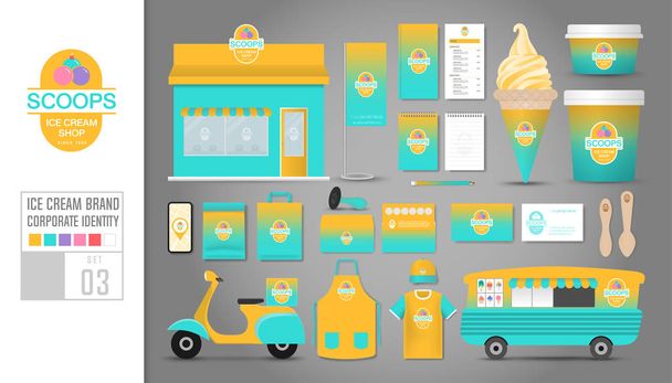 Şirket kimlik şablonu 3. Dondurmacı, kafe, restoran logosu. Gerçekçi şablon, dükkan, araba, t-shirt, önlük, kap, bardak, menü, lastik damga, scooter, kupon, paket, kartpostal, isim kartı, bunting. - Vektör, Görsel