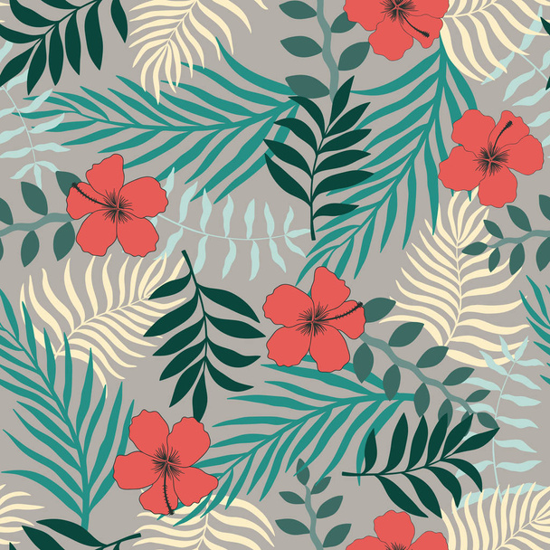 Tropical background with palm leaves and flowers. Seamless floral pattern. Summer vector illustration - Vektör, Görsel