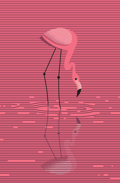 Elegante roze flamingo staat in water op een roze zonsondergang achtergrond, vector, minimalistische image - Vector, afbeelding