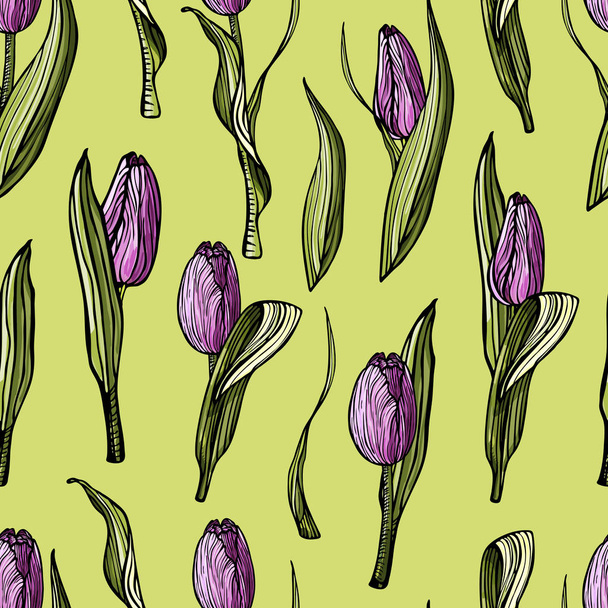 Seamless pattern of lilac tulips and green leaves in hand-drawn style with light and shadows on green background - Vektori, kuva