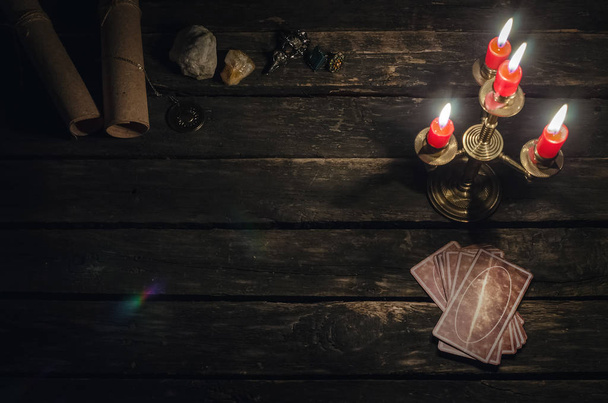 Tarot cards on fortune teller desk table background. Futune reading concept. - Valokuva, kuva