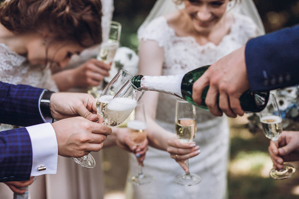 Couple de jeunes mariés, mariée et marié avec demoiselles d'honneur et garçons d'honneur boire du champagne à l'extérieur mains gros plan, célébration de mariage avec des amis
  - Photo, image