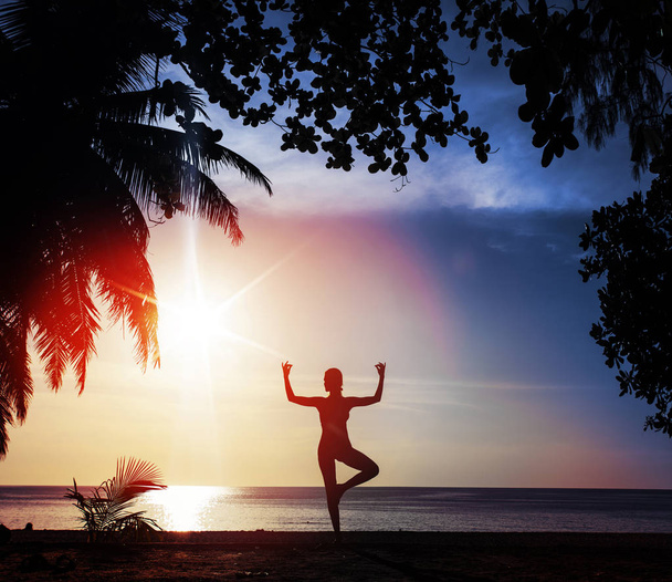 Mulher flexível treinando em uma praia tropical
 - Foto, Imagem