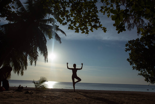 Entrenamiento de mujer flexible en una playa tropical
 - Foto, Imagen