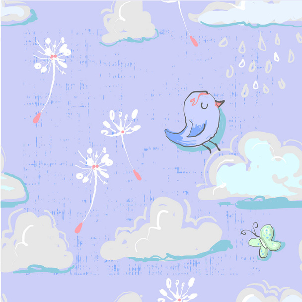 Seamless pattern with cute clouds with bird and buterfly dandelion childish style on grunge background hand drawn in vector - Vektor, Bild