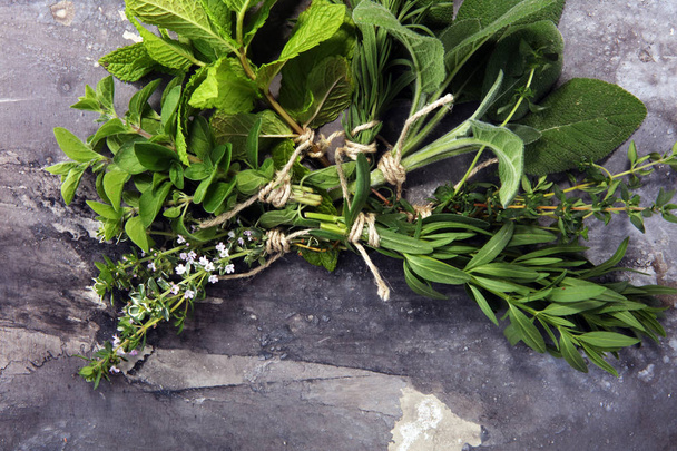 μάτσο φρέσκα βότανα κήπο στο γκρίζο χαρτόνι. οργανικά φυσικό βότανο. - Φωτογραφία, εικόνα