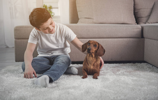 Happy kid playing with puppy in house - 写真・画像
