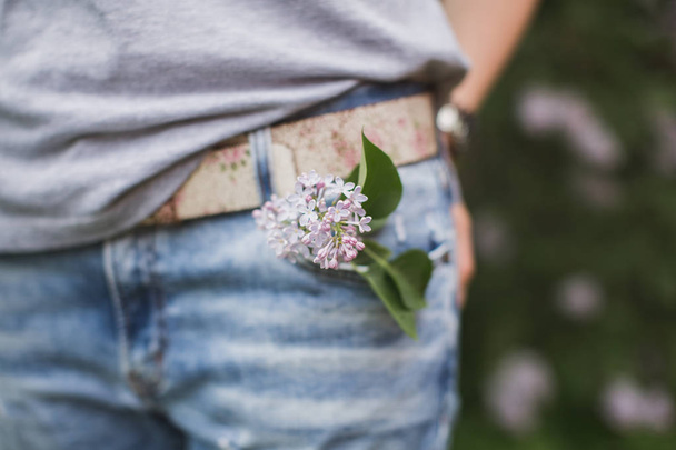 a branch of lilac in a jeans pocket - Photo, Image