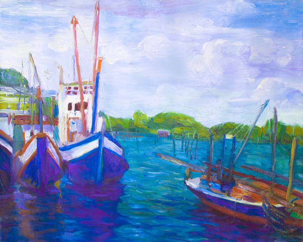Pintura al óleo barco de pesca sobre lienzo cerca del puente entre el archipiélago y el cielo azul fondo de la nube al viajar en verano, Impresionismo moderno ilustración paisaje marino original pintado
. - Foto, Imagen