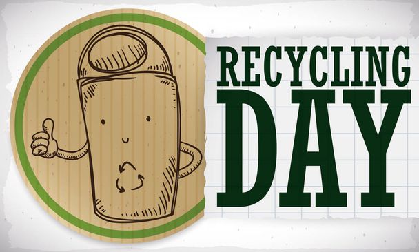 Botón redondo hecho de cartón reciclado con una linda papelera de reciclaje de garabatos y un mensaje de saludo en papel portátil para el Día del Reciclaje
. - Vector, imagen