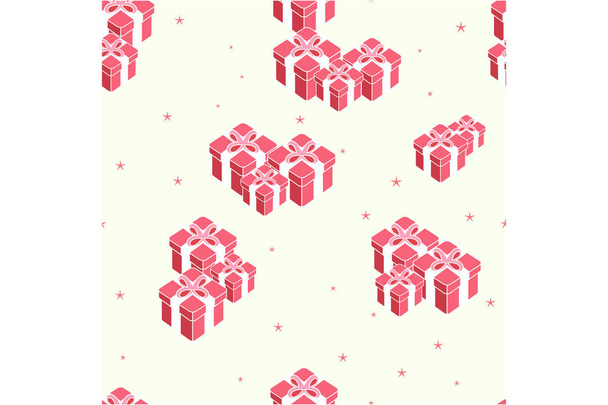 Año nuevo vacaciones patrón sin costuras, conjunto de cajas regalos con cinta de lazo rojo sobre fondo blanco, ilustración vectorial
 - Vector, imagen