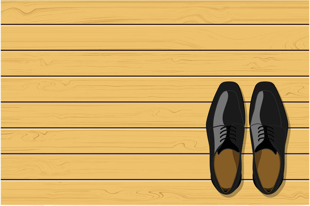 Pohled shora černé kožené Pánské boty na dřevěné pozadí, vektorové ilustrace - Vektor, obrázek