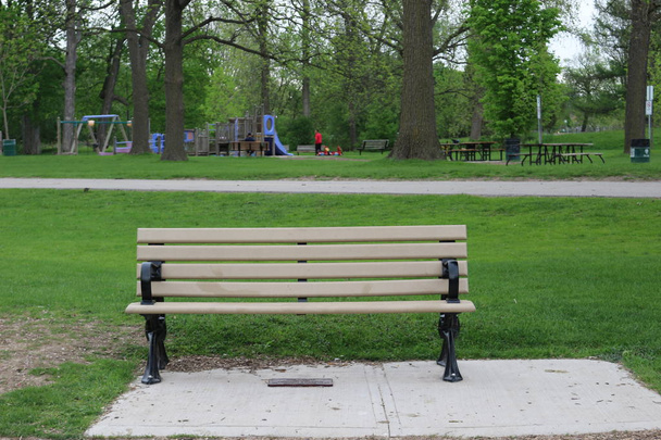 Drewniana ławka w parku miejskim - Zdjęcie, obraz