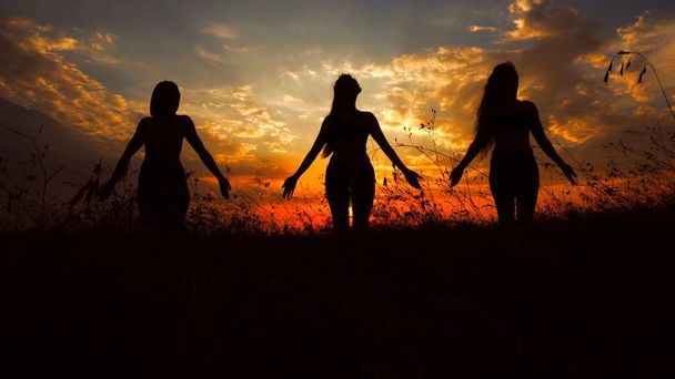 Naispuoliset mustat hahmot harrastavat joogaa auringonlaskun taustalla ja meditoivat
. - Valokuva, kuva