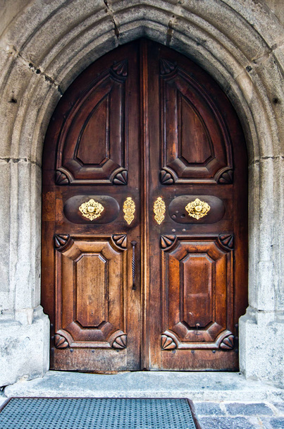 starožitné dřevěné dveře s klepadlo a lesklou kovovou Uzamykací mechanismus - Fotografie, Obrázek