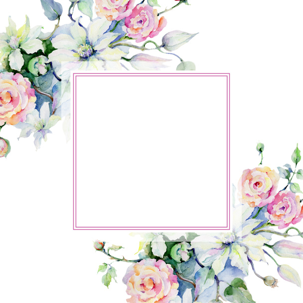Tender bouquet flowers. Floral botanical flower. Frame border ornament square. Aquarelle wildflower for background, texture, wrapper pattern, frame or border. - Photo, Image