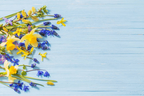 yellow and blue spring flowers on wooden background - Фото, зображення