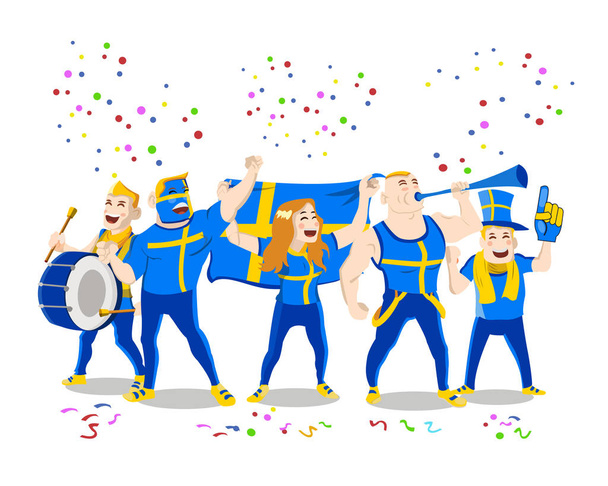 fröhliche schwedische Fußballnationalmannschaft Fans Menge macht Lärm beim Feiern - Vektor, Bild