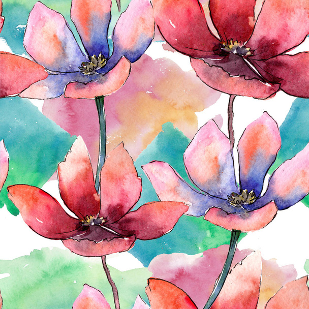 Színes tulipán. Virágos botanikai virág. Varratmentes háttérben minta. Szövet nyomtatási textúrát. A háttér textúra, burkoló minta, keret vagy határ Aquarelle vadvirág. - Fotó, kép