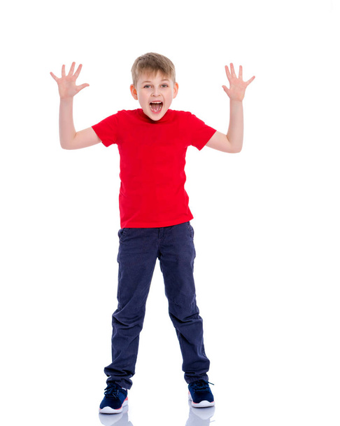 The little boy is emotionally waving his arms. - Φωτογραφία, εικόνα