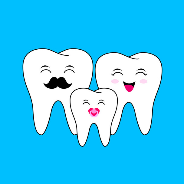 Schattige cartoon tand familie, vader, moeder en kind. Tandheelkundige zorg concept, illustratie geïsoleerd op blauwe achtergrond. - Vector, afbeelding