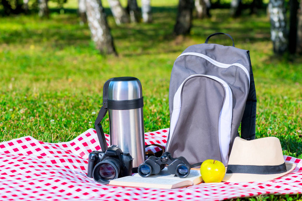 detail na ubrus v parku objekty pro piknik a odpočinek pro unavené turistické - Fotografie, Obrázek