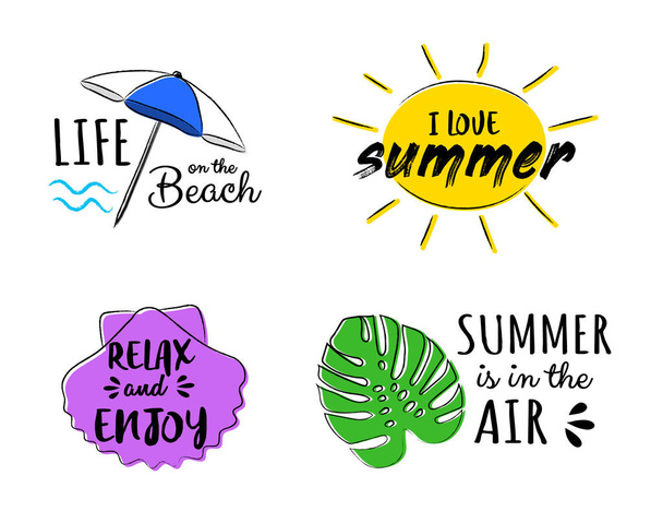 Summer doodles - multicolored icons with text. Vector. - Vektor, kép