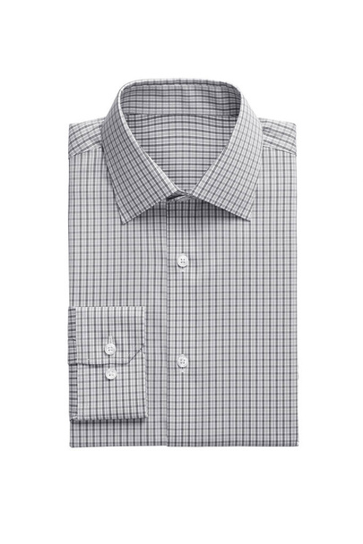 Una camisa de vestir para hombre plegada a cuadros gris aislada sobre un fondo blanco
 - Foto, Imagen
