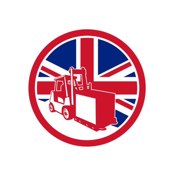 Ikona stylu retro ilustracja działań logistycznych brytyjski z widłowy z Wielka Brytania Uk, ustawiona flaga Wielkiej Brytanii Union Jack wewnątrz okręgu na na białym tle. - Wektor, obraz