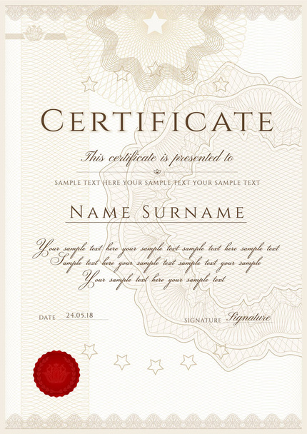 Certificado, Diploma de conclusão (modelo de design, fundo branco) com moldura, Fronteira, padrão Guilhoché luz (marca d 'água) e emblema vermelho
 - Vetor, Imagem