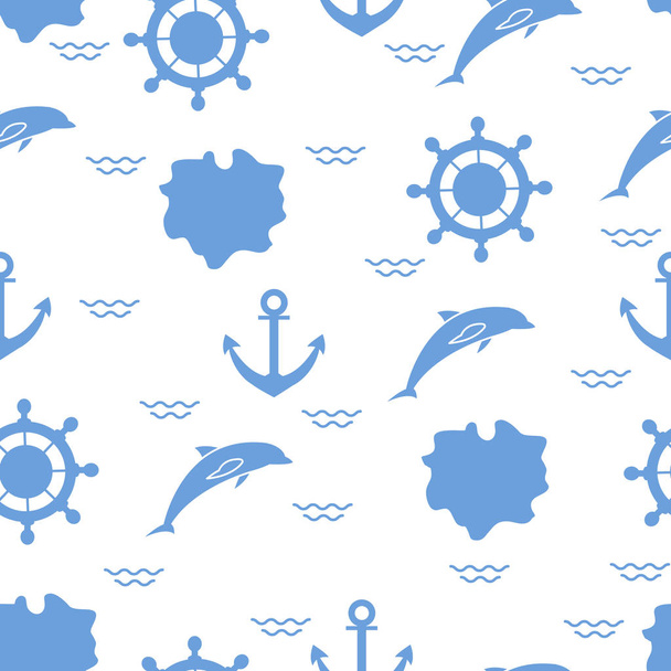 Безшовний візерунок з дельфінами, якорями, кермами, хвилями, островами. Літнє дозвілля
. - Вектор, зображення