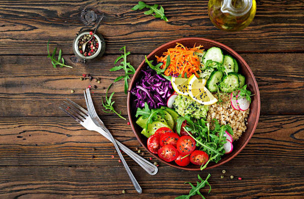 top view of vegetarian salad with quinoa and fresh vegetables - Photo, Image