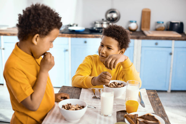 Curly-haired little boys chatting while eating cereals - Foto, Imagem