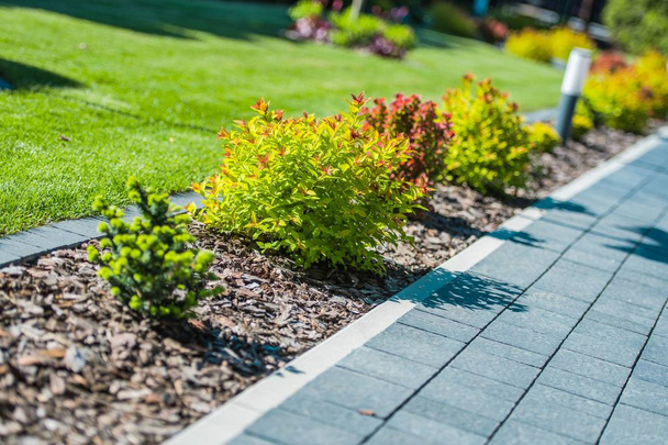 Garden Brick Path Closeup. Newly Designed and Created Residential Garden. - Photo, Image