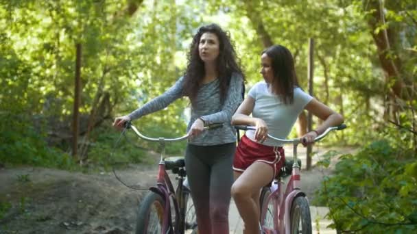 Δύο γυναίκες στα ποδήλατα στο πάρκο, μέρα του καλοκαιριού - Πλάνα, βίντεο