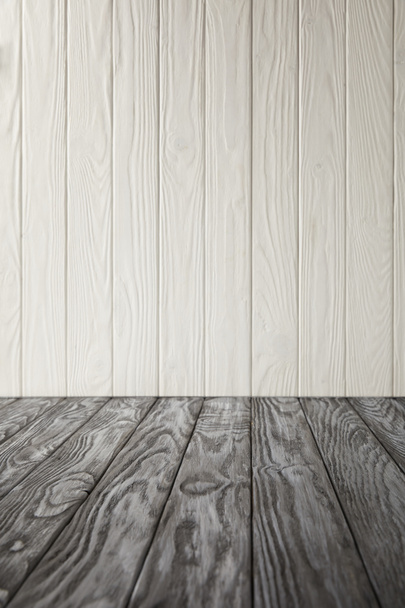grey wooden tabletop and white wooden wall - Foto, Imagem