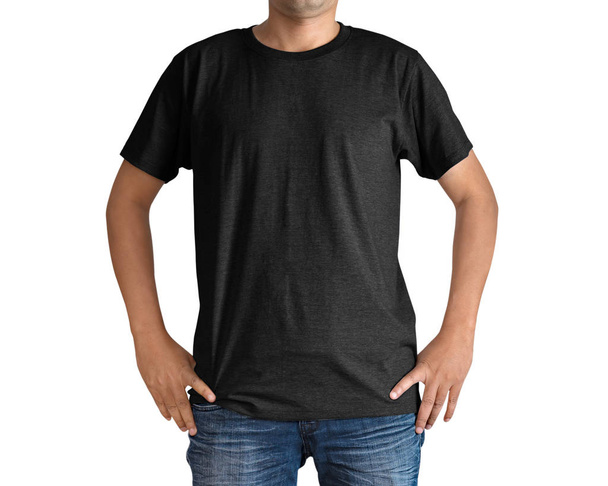 Uomo in jeans blu e T-shirt nera isolata su sfondo bianco
 - Foto, immagini
