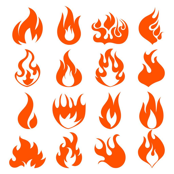Kreslený Fire Flames Set světelný efekt pro Web, herní Design ploché styl. Vektorové ilustrace - Vektor, obrázek
