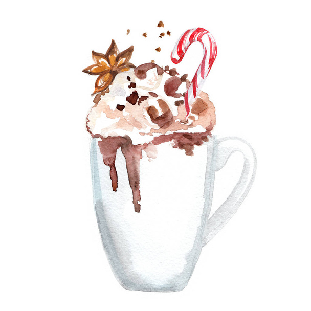 Cocoa mug painted with watercolors on white background - Фото, зображення