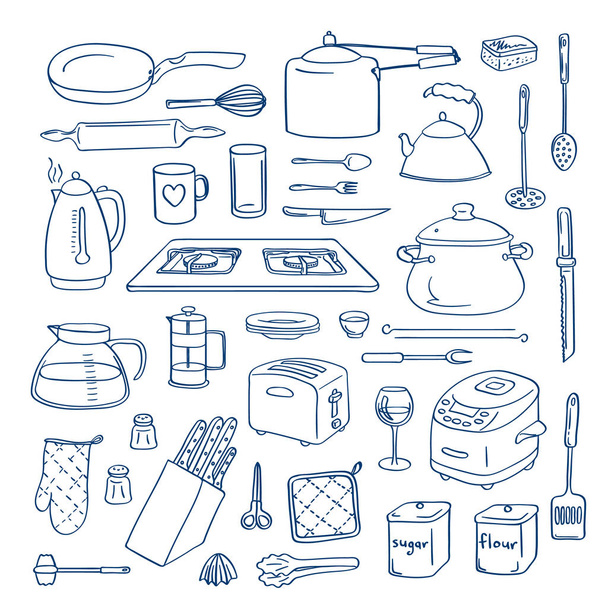 Vector hand drawn kitchen utensils doodle icons set illustration - Vector, afbeelding