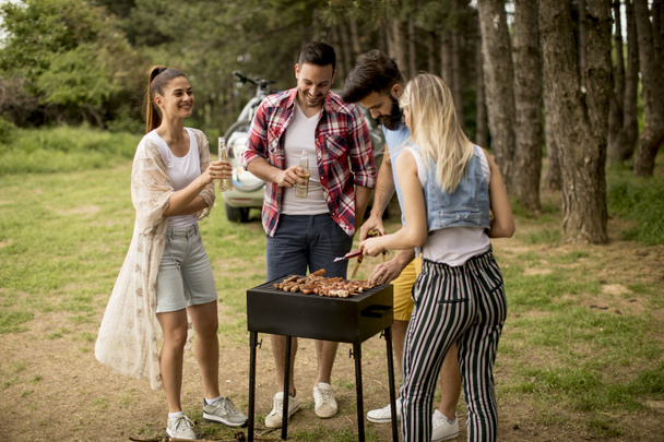 Group of young people enjoying barbecue party in the nature - Foto, imagen