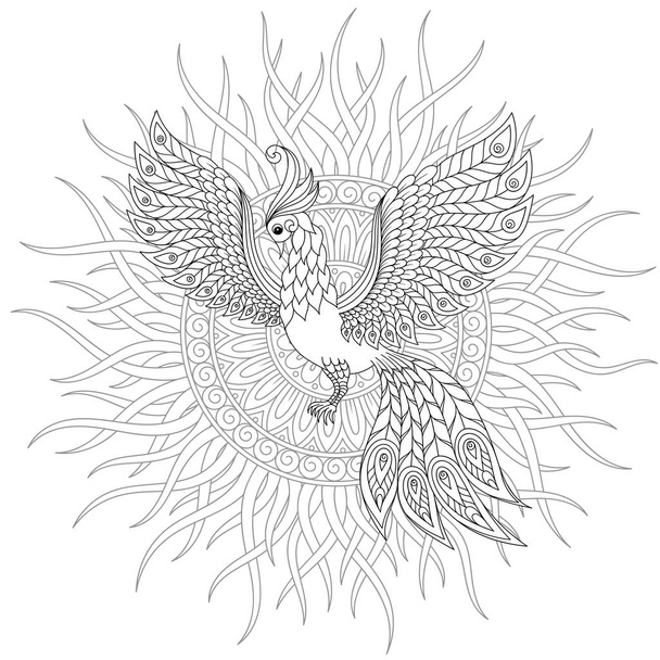 Exotic bird,fantastic flowers, leaves. Firebird for anti stress Coloring Page with high details. Coloring book page for adults and children. Black White Bird collection. Set of illustration. - Vettoriali, immagini