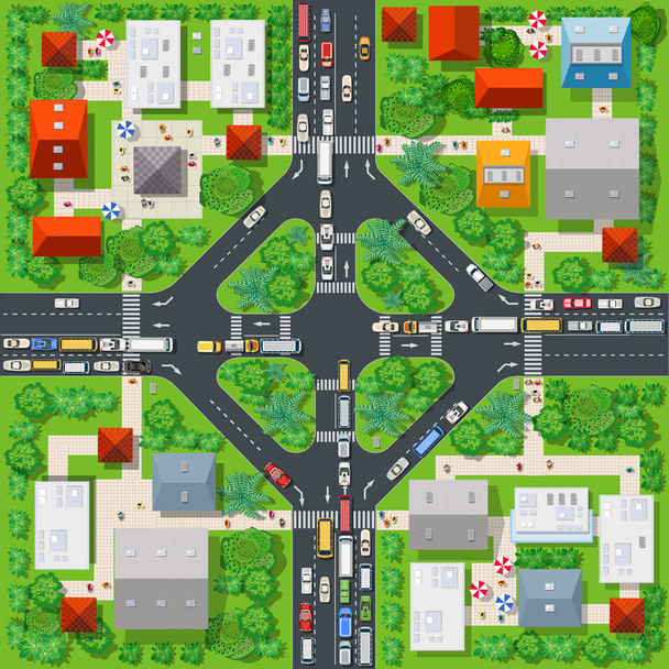 Top view of the colorful city with a road highway traffic jams motorway with roofs of houses, cars, streets and trees - Vector, Image