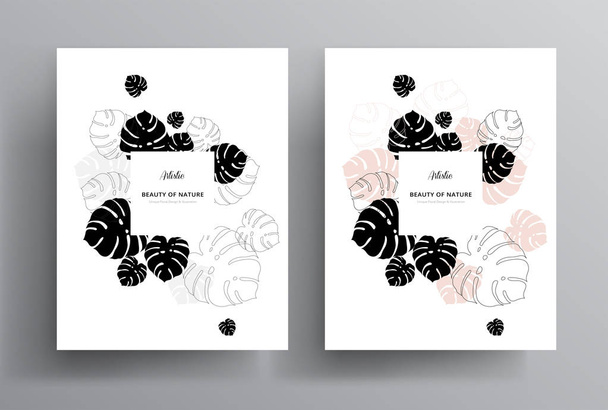 最小限の花の挨拶招待カード テンプレート デザイン、黒、ピンク、白の色です。モンステラ熱帯のヤシ葉白い背景の上の白い正方形のフレームで - ベクター画像