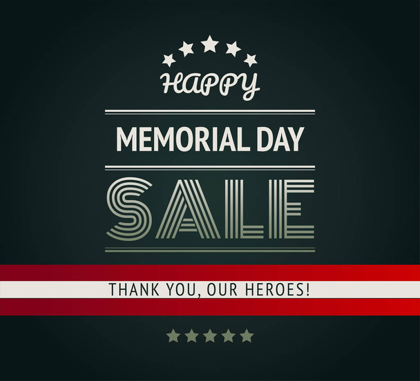 Ευτυχισμένος πώληση Memorial Day στρατιωτική πράσινο φόντο. Ευχαριστώ πολύ, μας ήρωες! κείμενο σε κόκκινες και άσπρες ρίγες κορδέλα  - Διάνυσμα, εικόνα